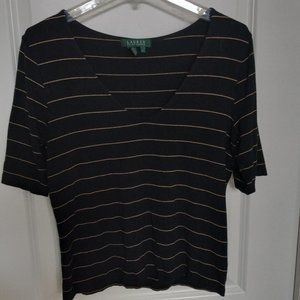 Lauren Ralph Lauren Women's Sz L Black Striped T-Shirt EUC Elbow Sleeve V-Neck
